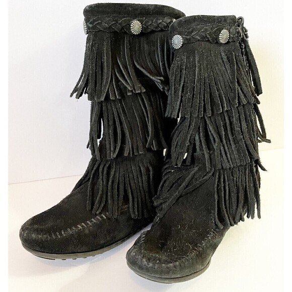 Minnetonka Moccasin Girls Black Boots 3 Layer Fringe Sz 12 Syle 2659 Leather - Picture 4 of 12
